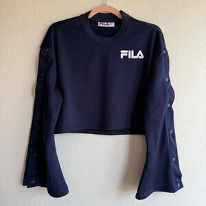FILA Snap Button Tearaway Bell Sleeve Track Crop Top in Navy Blue size Small